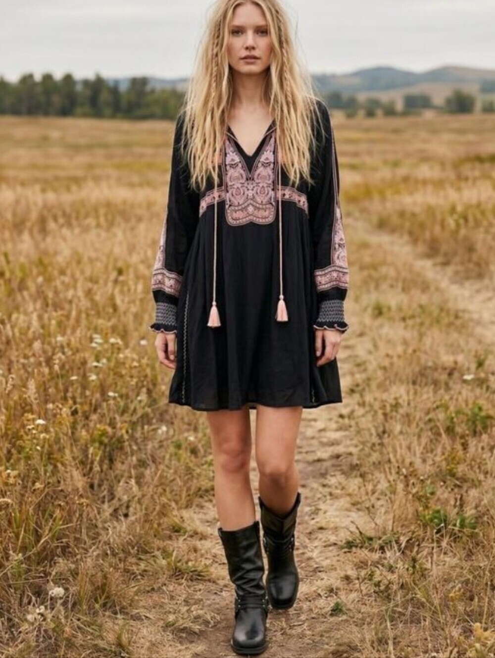 Free People Wind Willow Boho Black Tunic Dress Coral Peach Embroidery Size XS